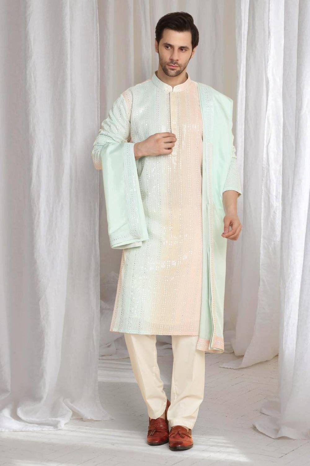 Ambar Ombre Embroidered Kurta Dupatta Set - Coral Sea Green