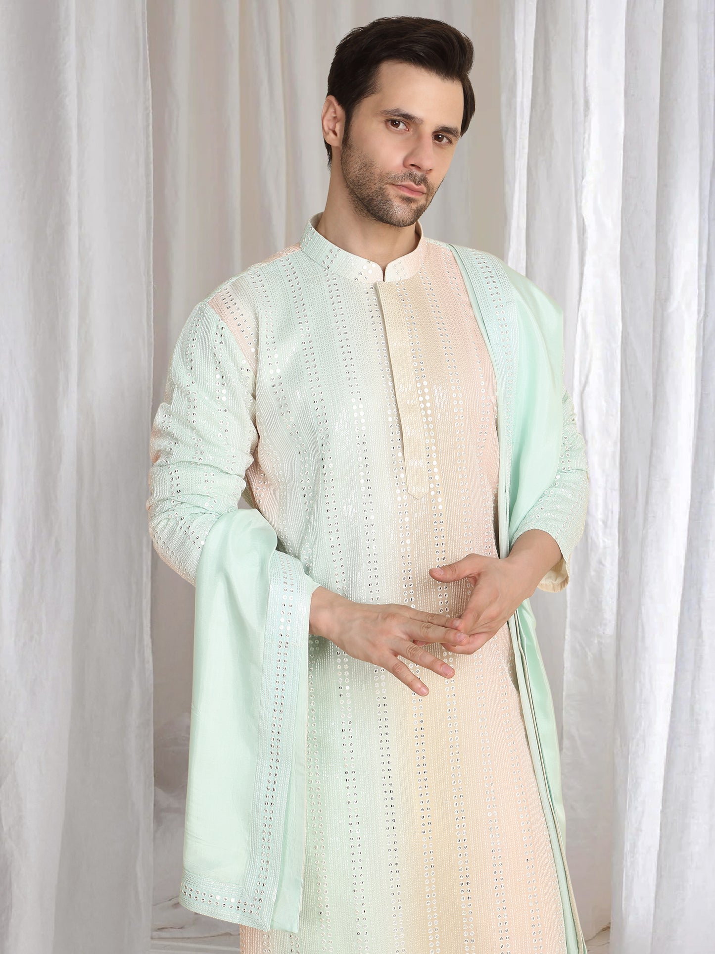 Ambar Ombre Embroidered Kurta Dupatta Set - Coral Sea Green