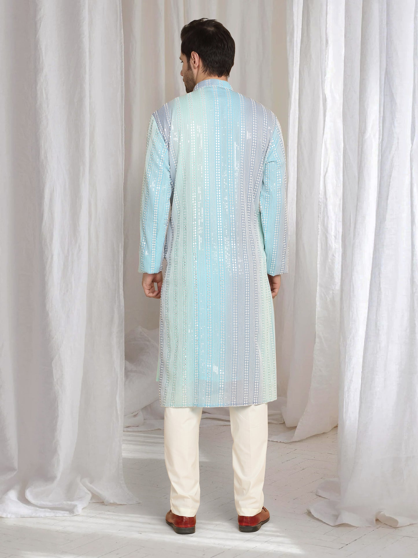 Ambar Ombre Embroidered Kurta Dupatta Set - Blue Sea Green