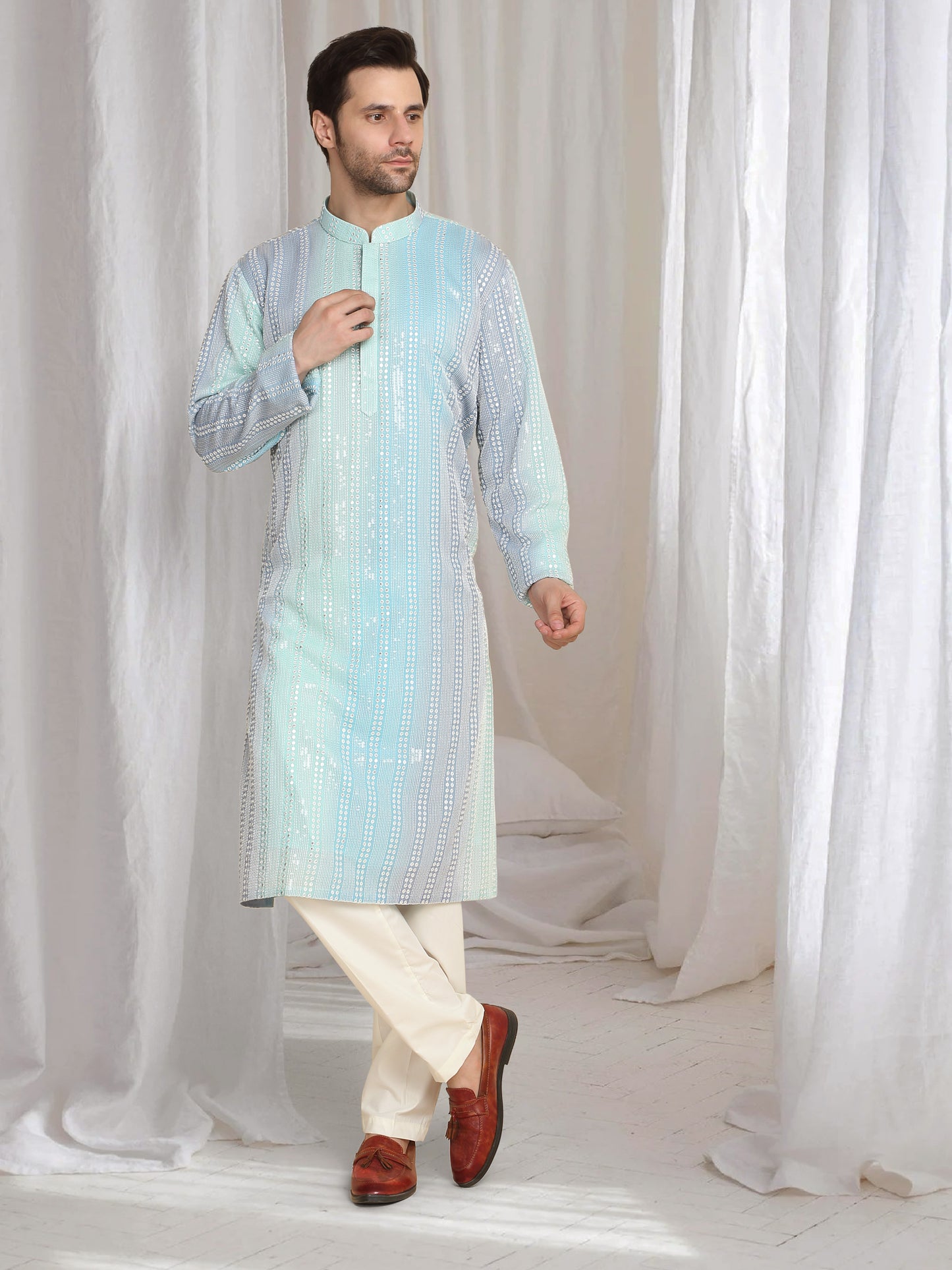 Ambar Ombre Embroidered Kurta Dupatta Set - Blue Sea Green