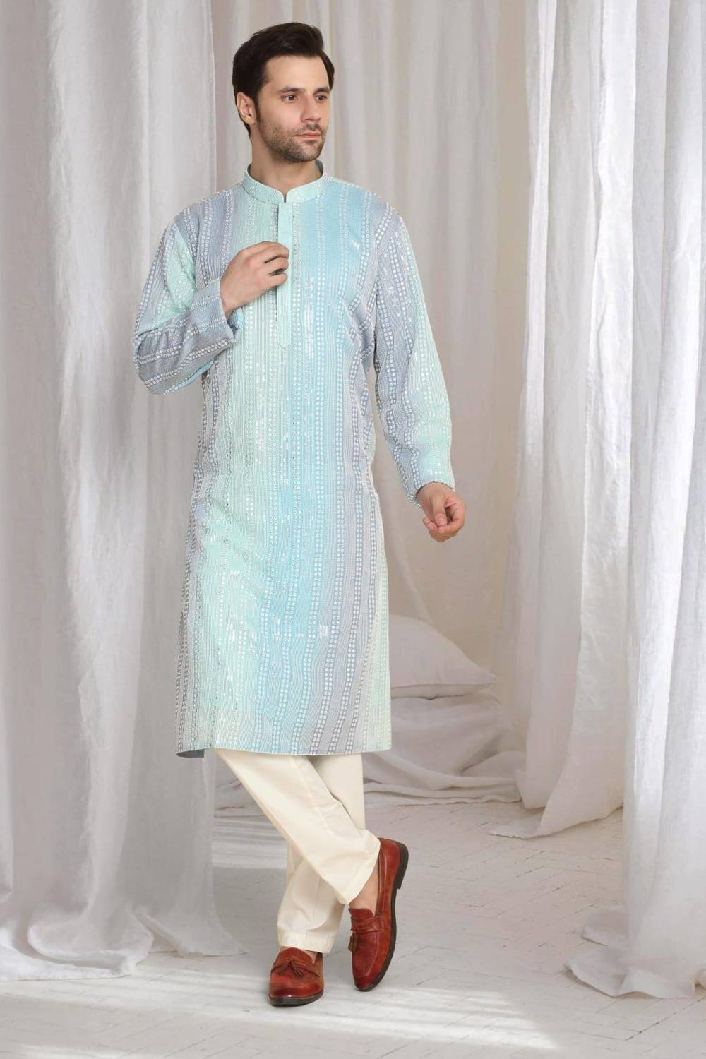 Ambar Ombre Embroidered Kurta Dupatta Set - Blue Sea Green