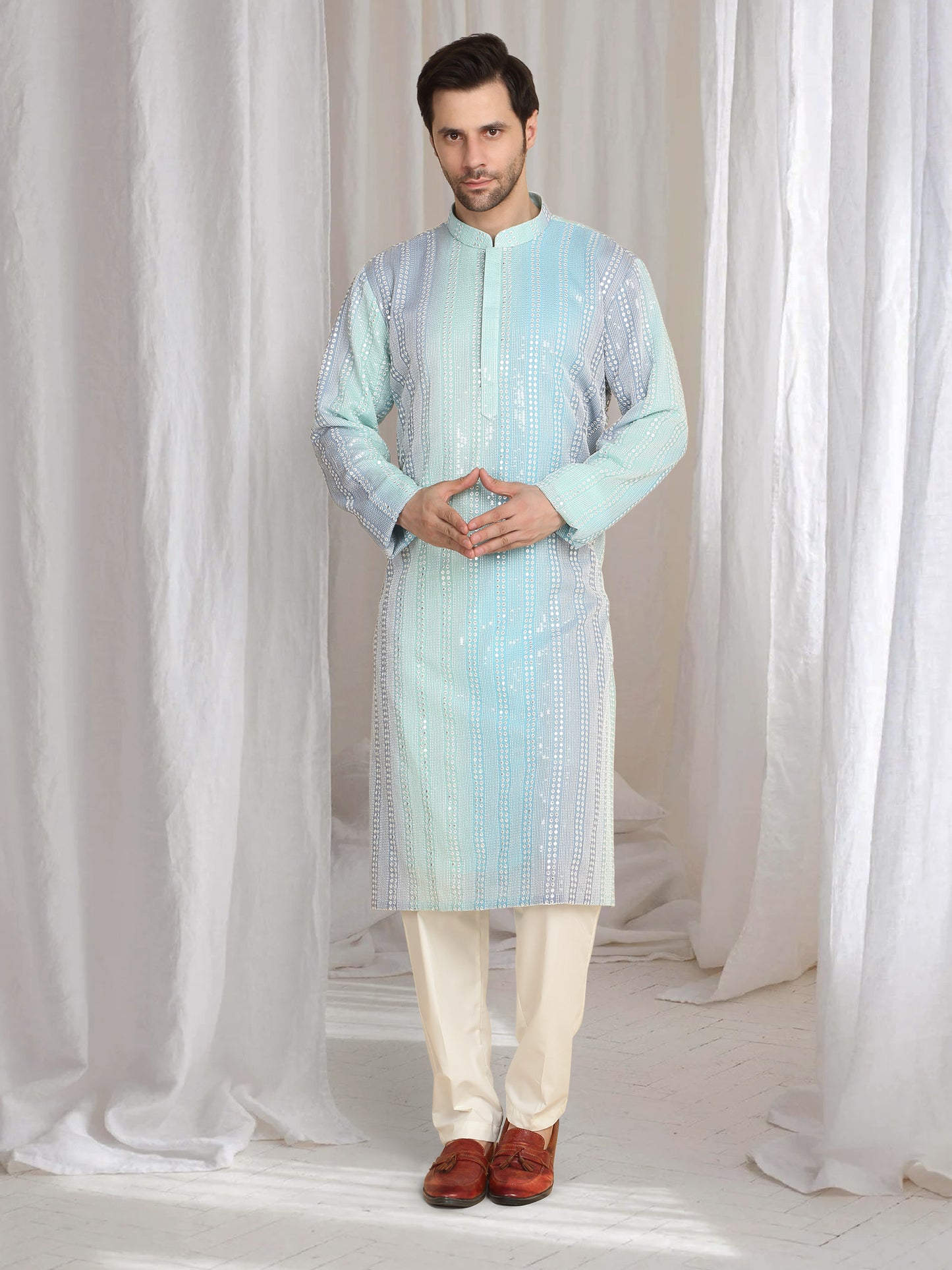 Ambar Ombre Embroidered Kurta Dupatta Set - Blue Sea Green
