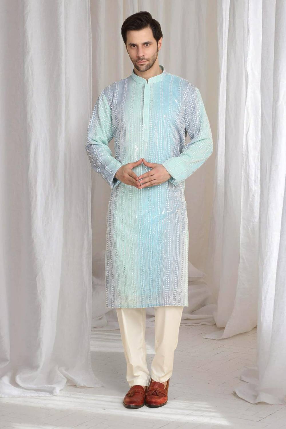 Ambar Ombre Embroidered Kurta Dupatta Set - Blue Sea Green