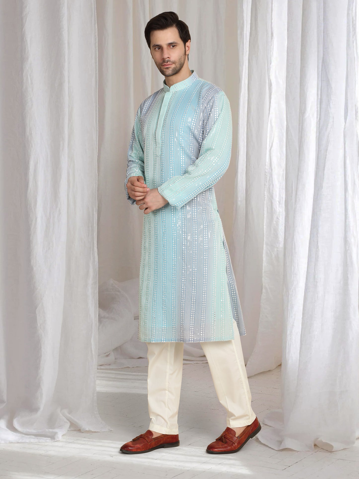 Ambar Ombre Embroidered Kurta Dupatta Set - Blue Sea Green