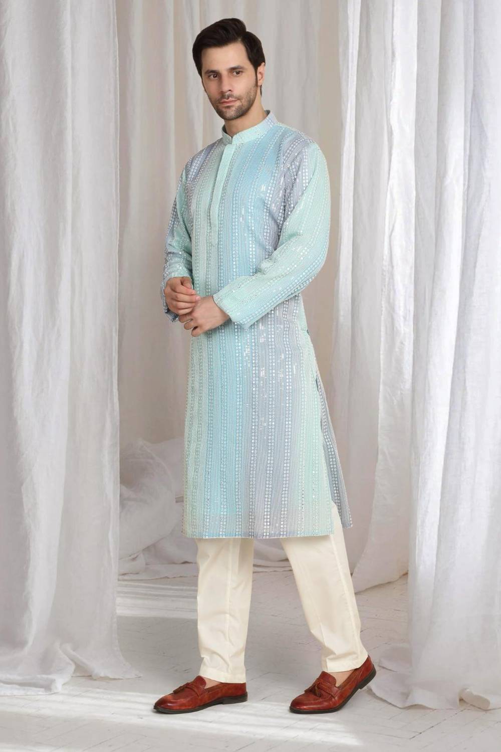 Ambar Ombre Embroidered Kurta Dupatta Set - Blue Sea Green
