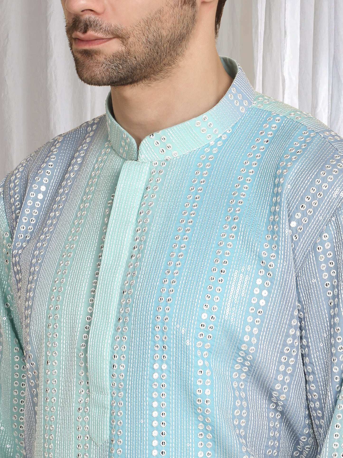 Ambar Ombre Embroidered Kurta Dupatta Set - Blue Sea Green