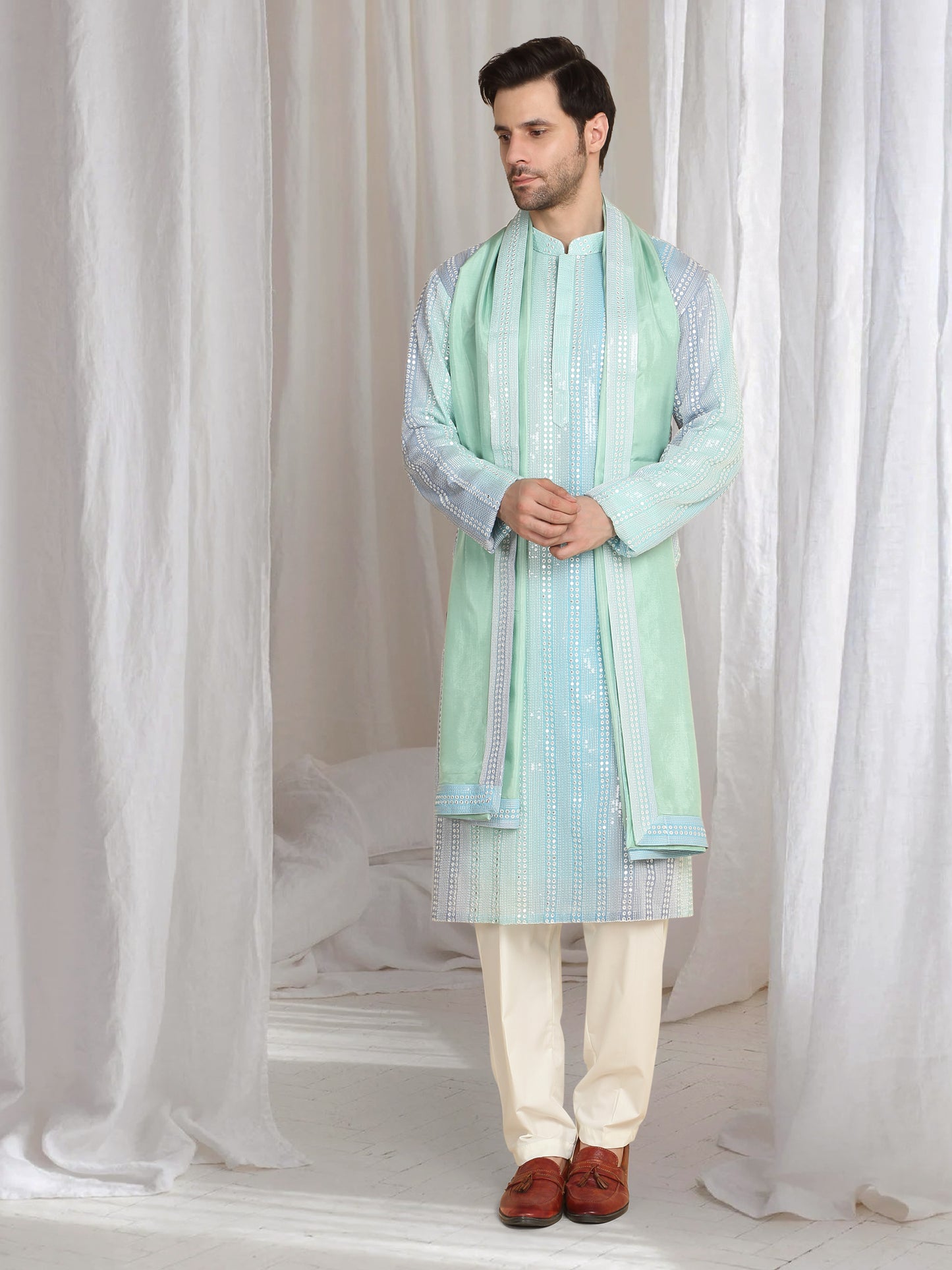Ambar Ombre Embroidered Kurta Dupatta Set - Blue Sea Green