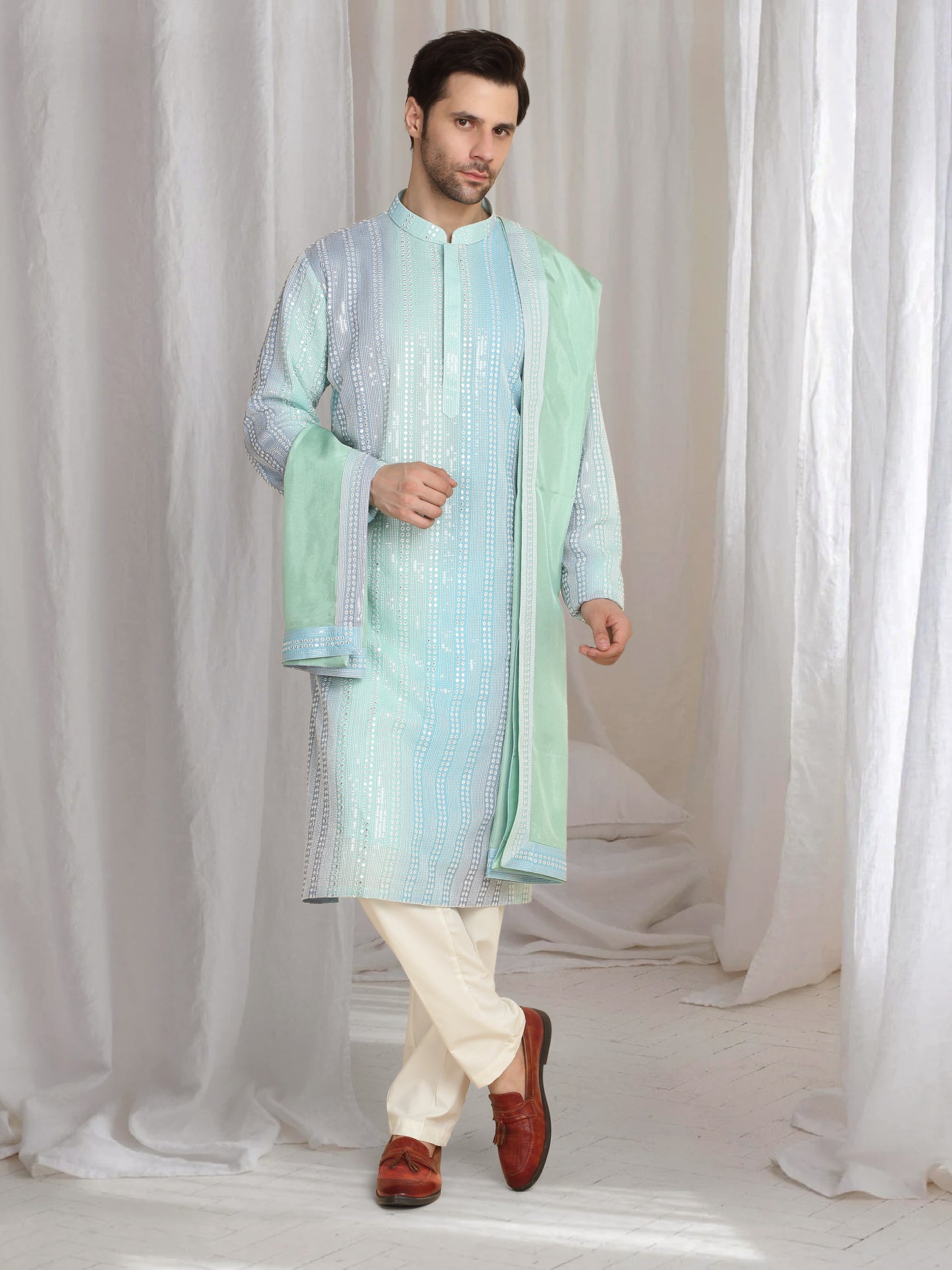 Ambar Ombre Embroidered Kurta Dupatta Set - Blue Sea Green