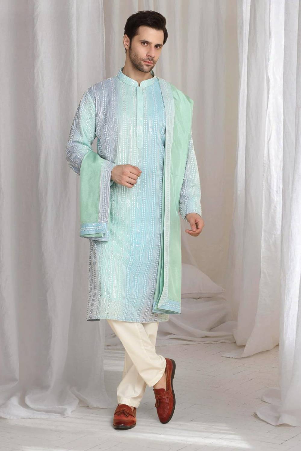 Ambar Ombre Embroidered Kurta Dupatta Set - Blue Sea Green