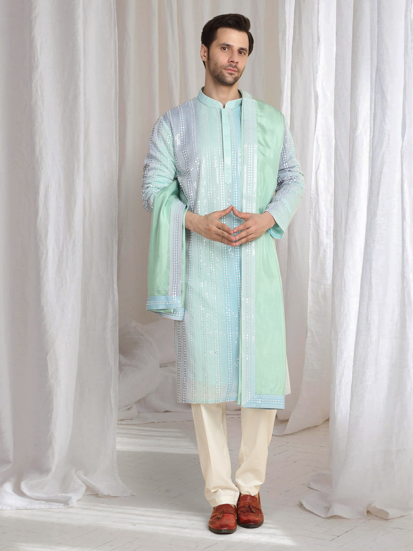Ambar Ombre Embroidered Kurta Dupatta Set - Blue Sea Green