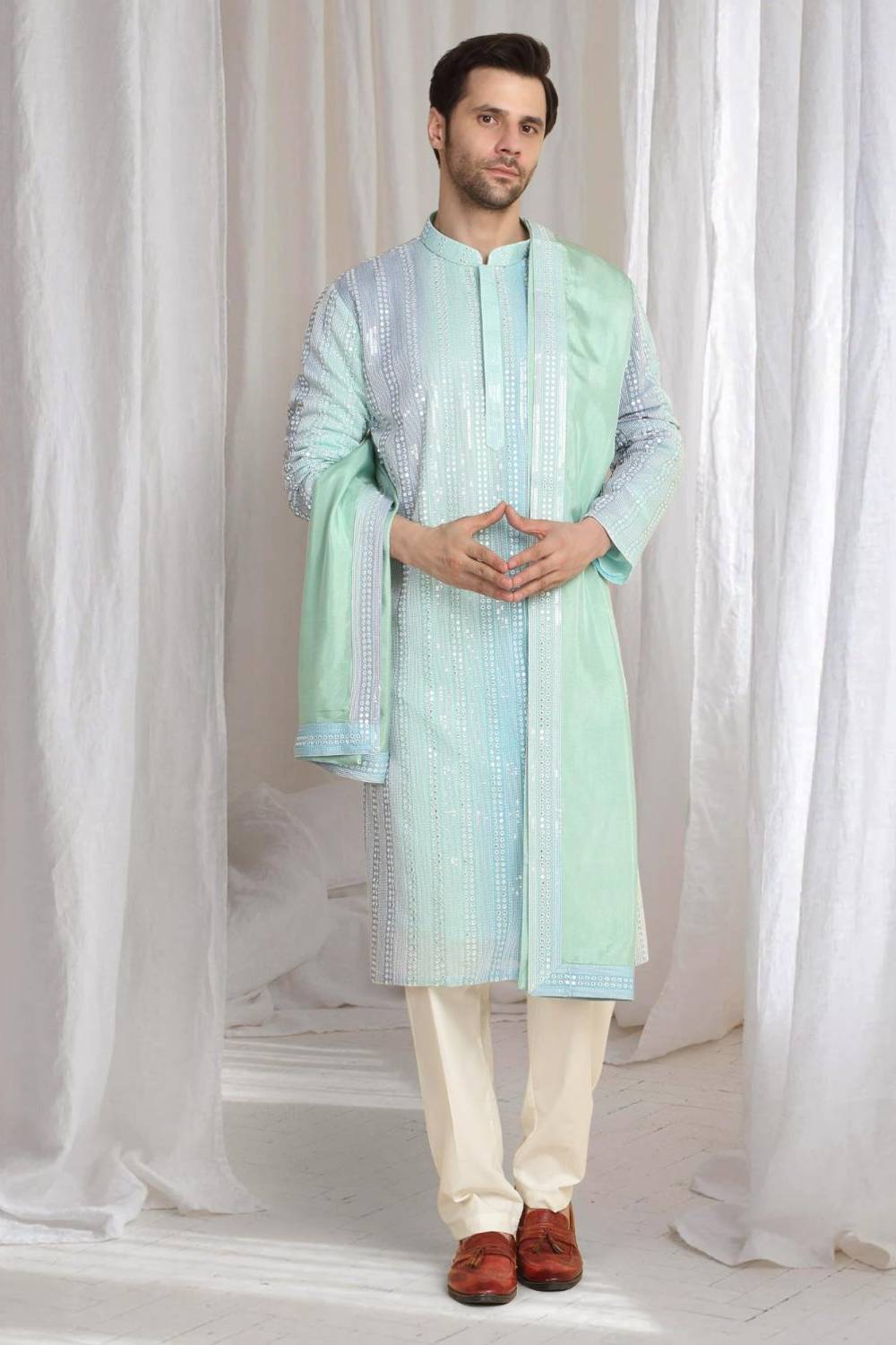 Ambar Ombre Embroidered Kurta Dupatta Set - Blue Sea Green