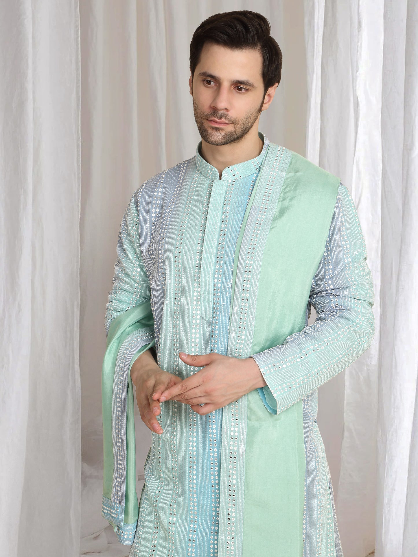 Ambar Ombre Embroidered Kurta Dupatta Set - Blue Sea Green