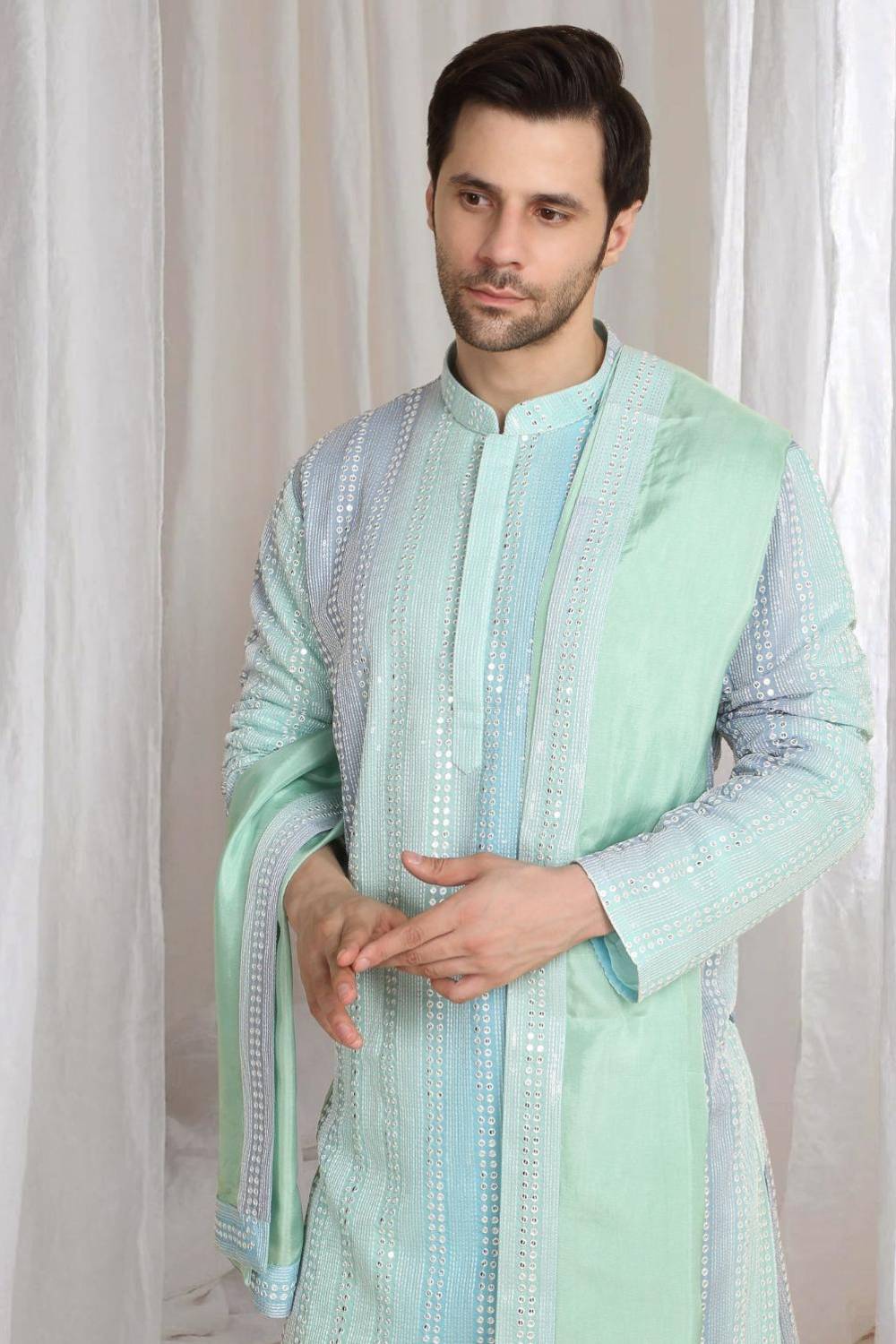 Ambar Ombre Embroidered Kurta Dupatta Set - Blue Sea Green