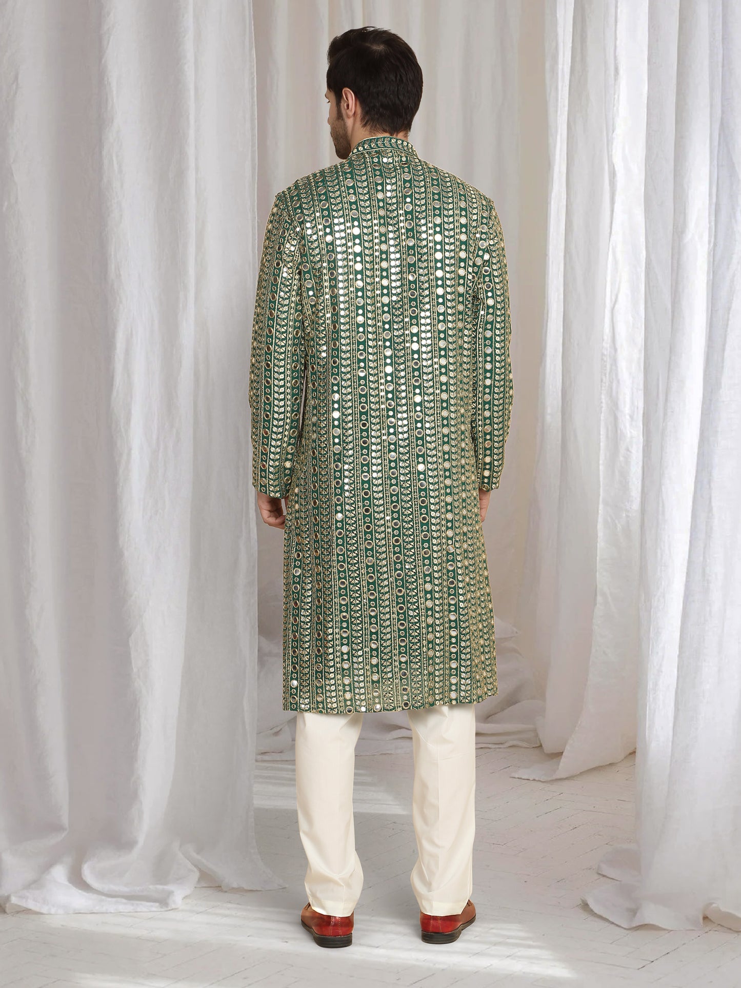 Festive Green Golden Thread Embroidered Kurta Dupatta Set