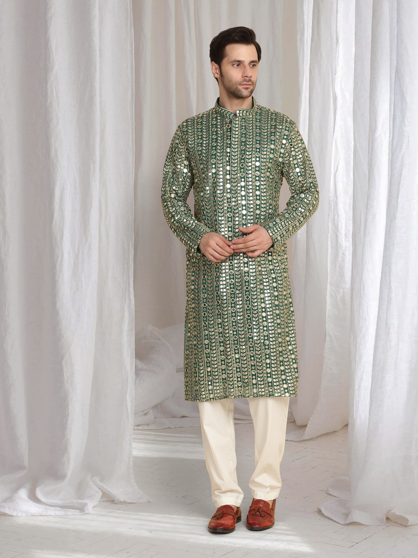 Festive Green Golden Thread Embroidered Kurta Dupatta Set