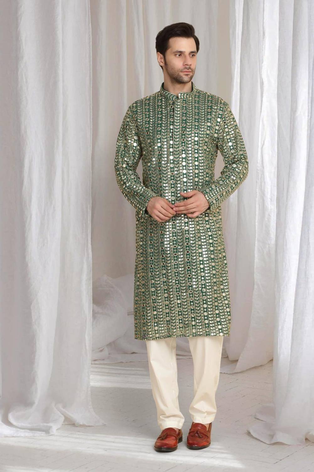 Festive Green Golden Thread Embroidered Kurta Dupatta Set