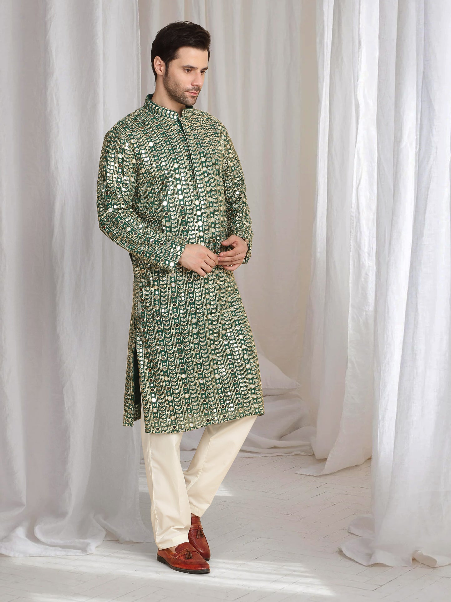 Festive Green Golden Thread Embroidered Kurta Dupatta Set