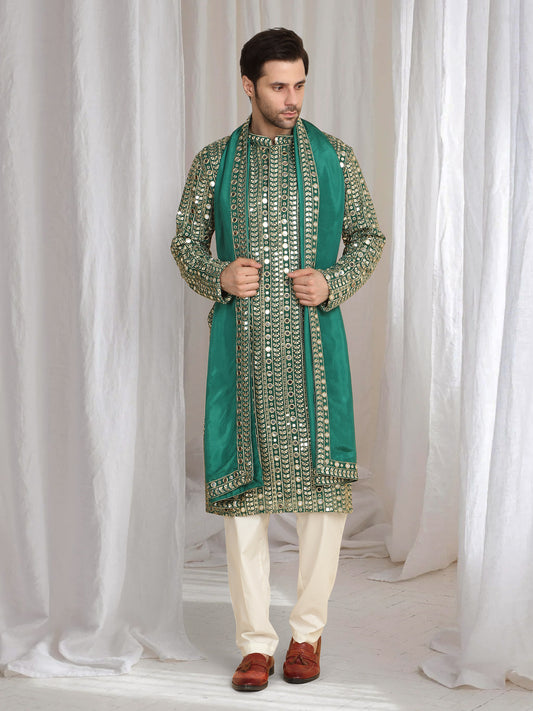 Festive Green Golden Thread Embroidered Kurta Dupatta Set
