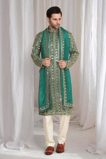 Festive Green Golden Thread Embroidered Kurta Dupatta Set