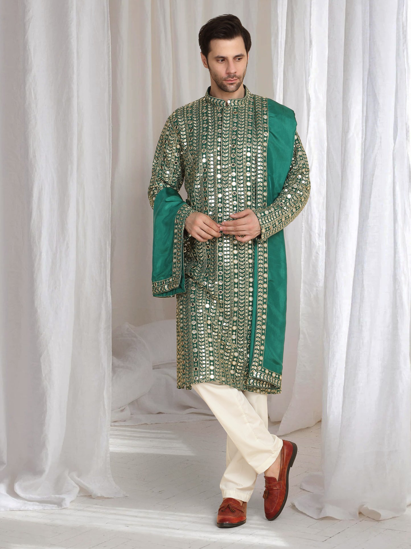 Festive Green Golden Thread Embroidered Kurta Dupatta Set