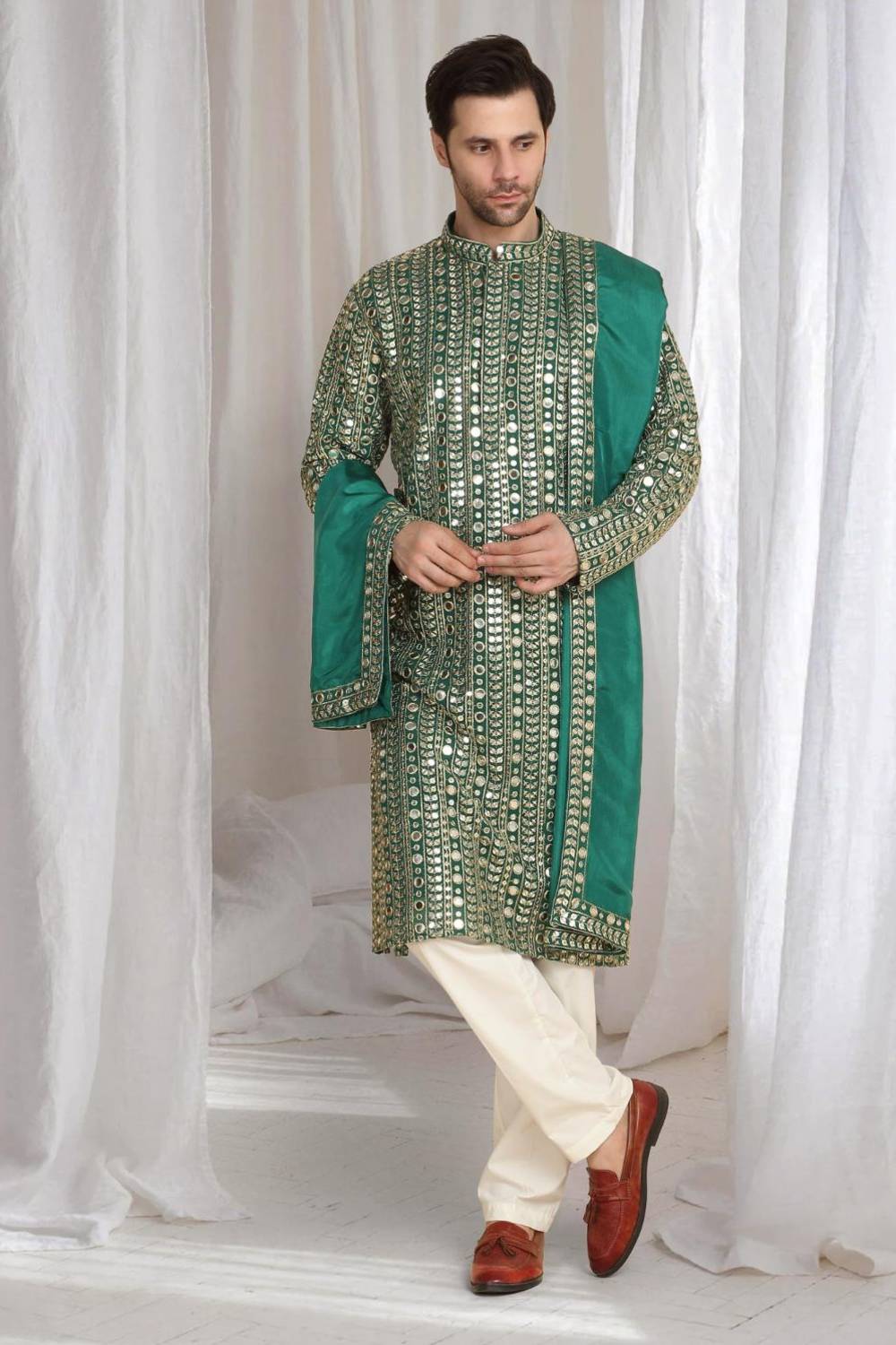 Festive Green Golden Thread Embroidered Kurta Dupatta Set