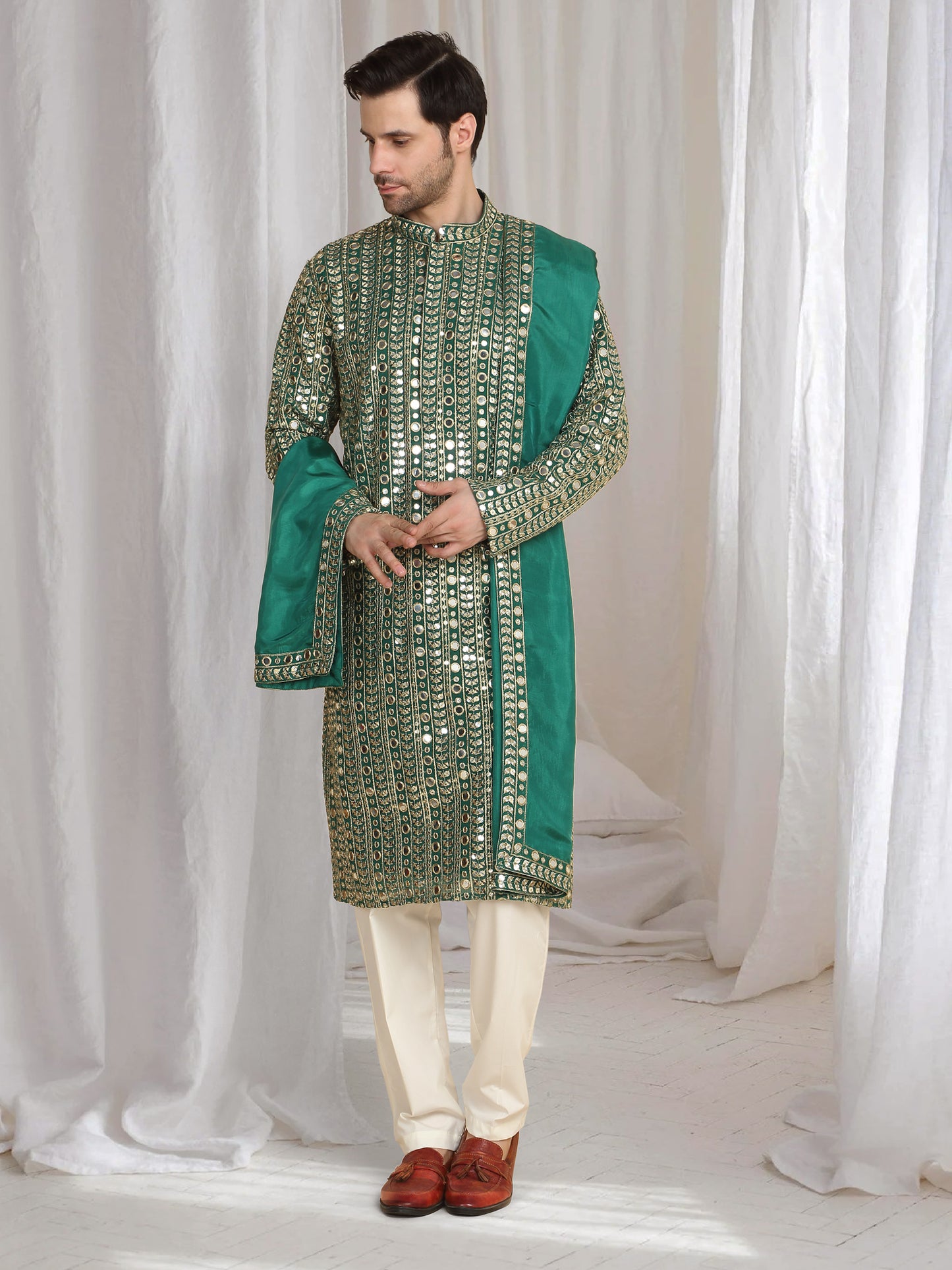 Festive Green Golden Thread Embroidered Kurta Dupatta Set