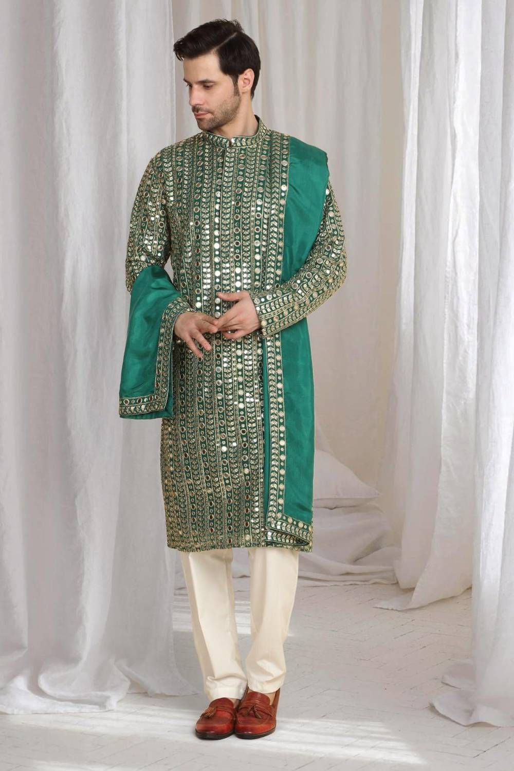 Festive Green Golden Thread Embroidered Kurta Dupatta Set