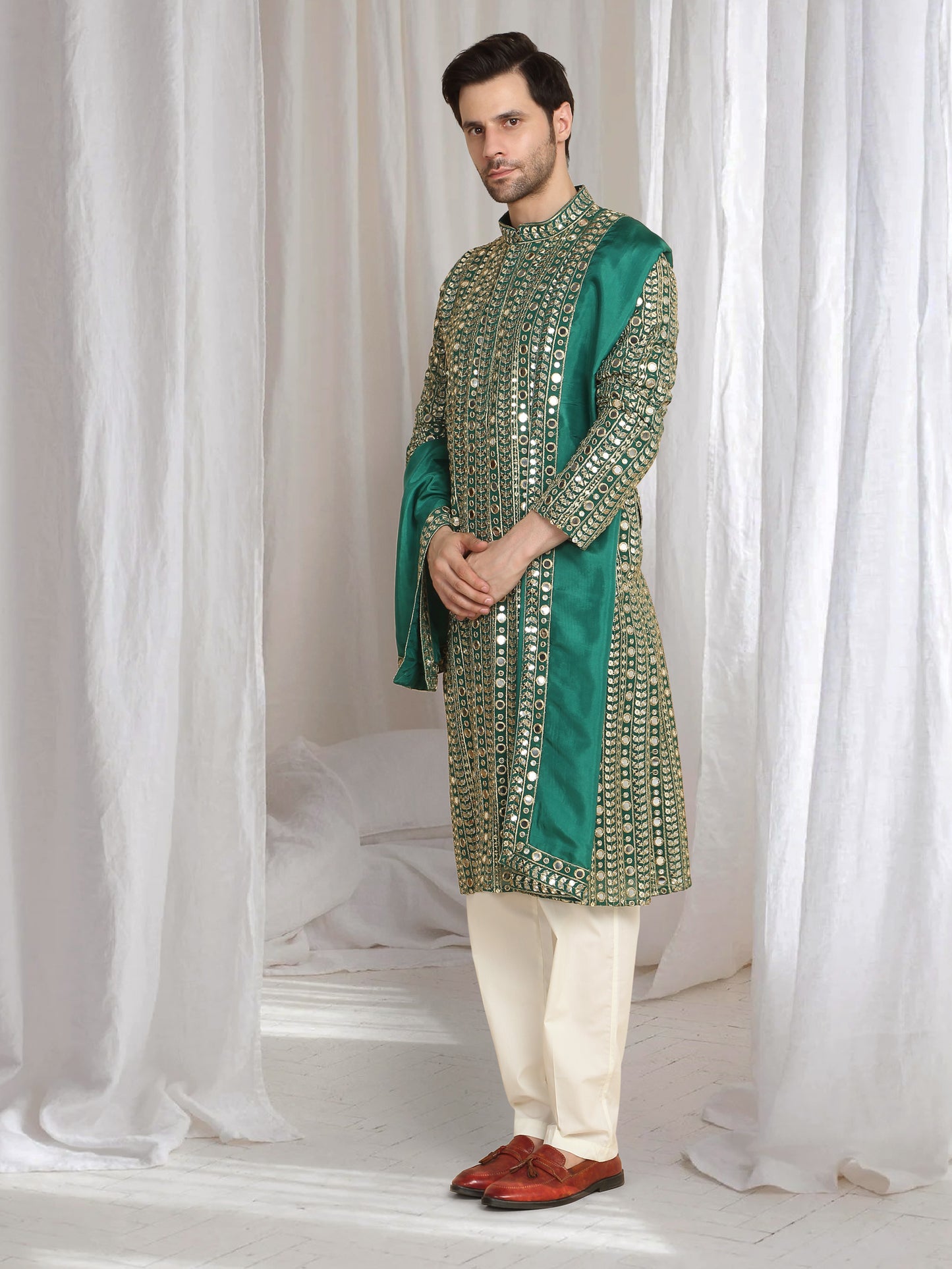Festive Green Golden Thread Embroidered Kurta Dupatta Set