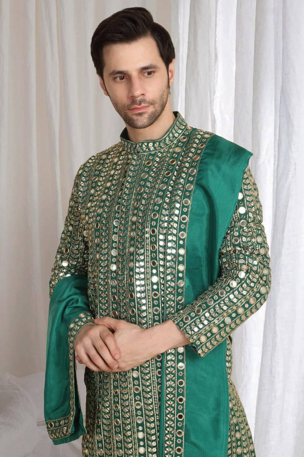 Festive Green Golden Thread Embroidered Kurta Dupatta Set