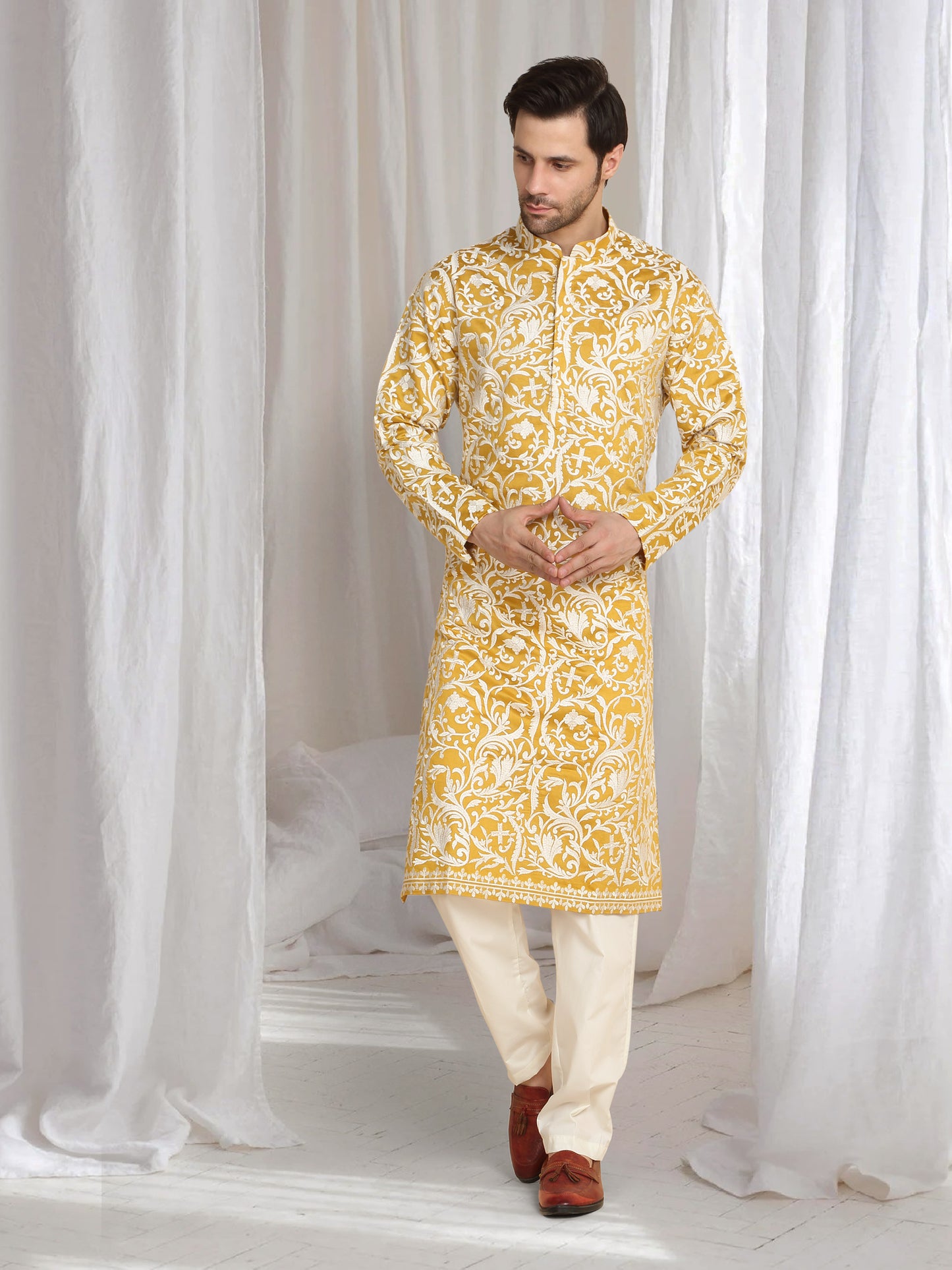 Aham Flora Thread Embroidered Kurta Set - Festive Yellow