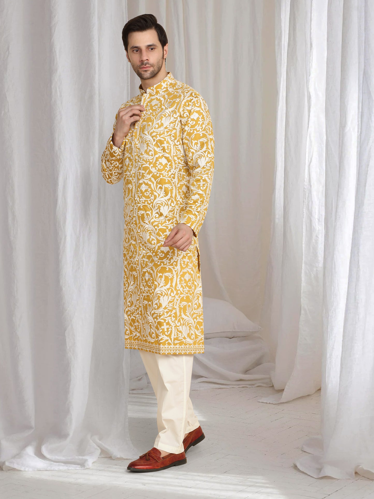 Aham Flora Thread Embroidered Kurta Set - Festive Yellow