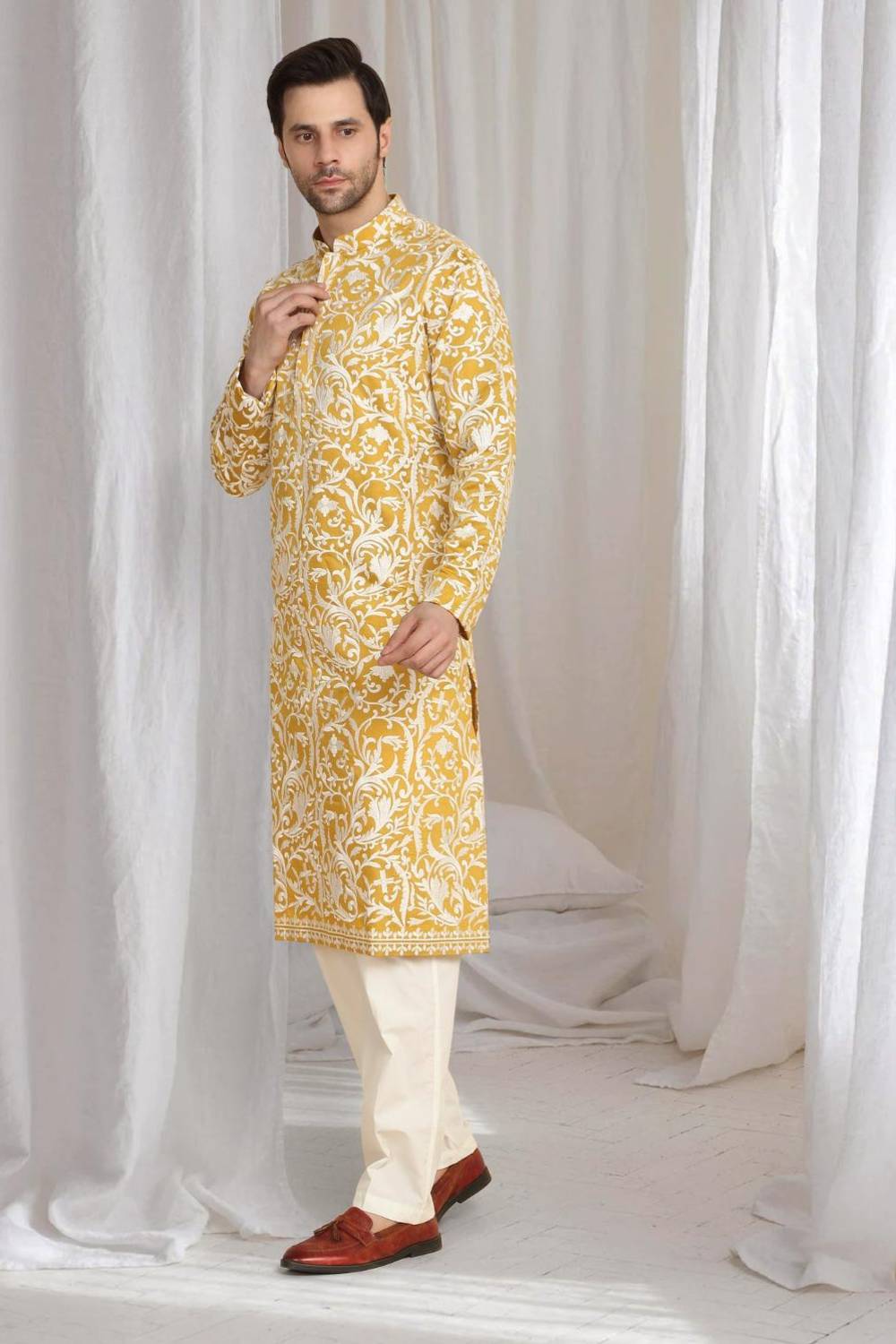 Aham Flora Thread Embroidered Kurta Set - Festive Yellow