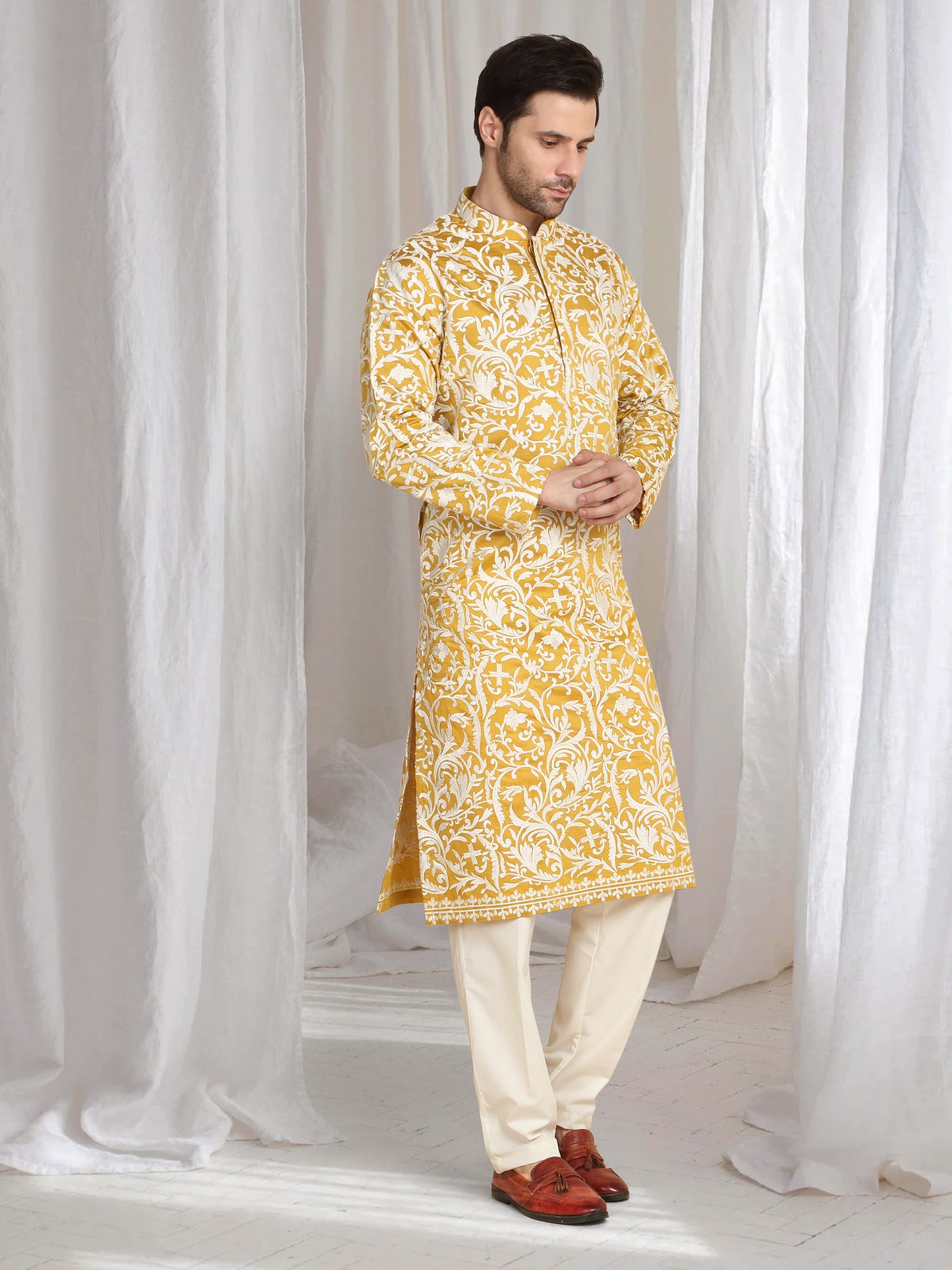 Aham Flora Thread Embroidered Kurta Set - Festive Yellow