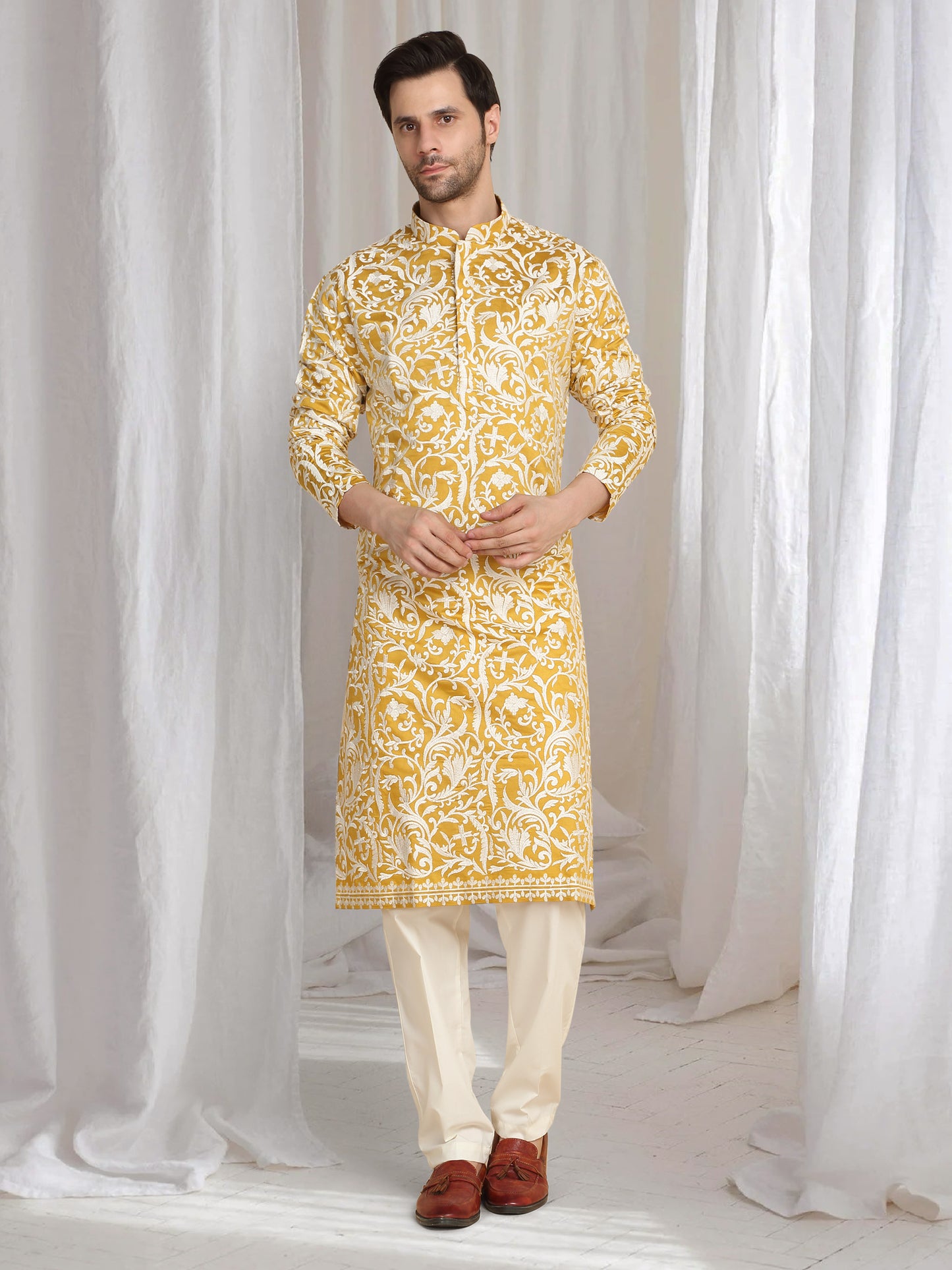 Aham Flora Thread Embroidered Kurta Set - Festive Yellow