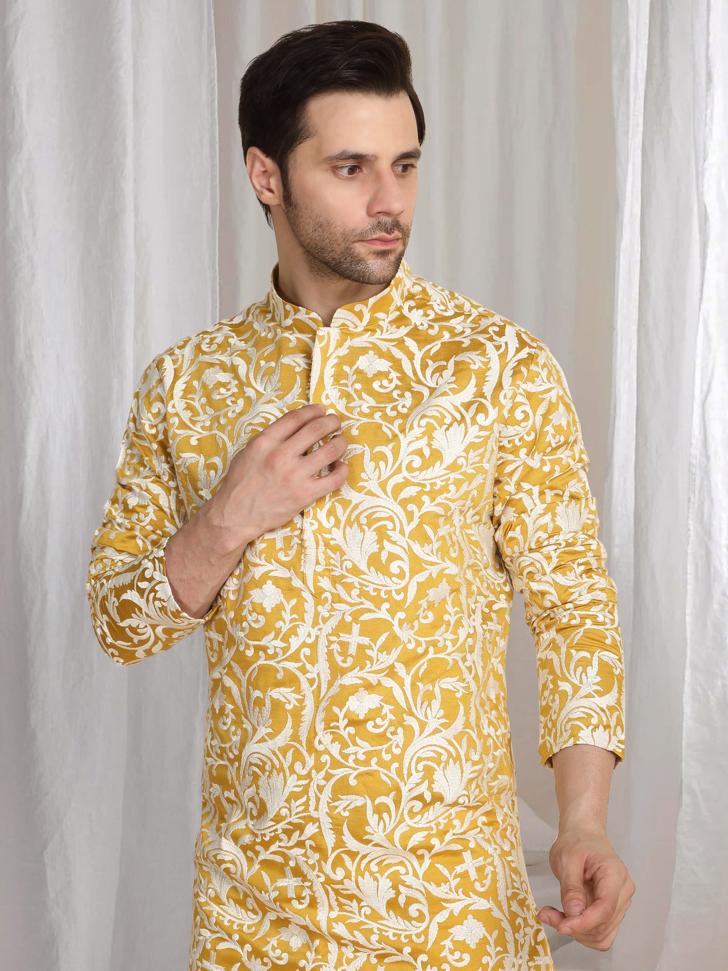 Aham Flora Thread Embroidered Kurta Set - Festive Yellow
