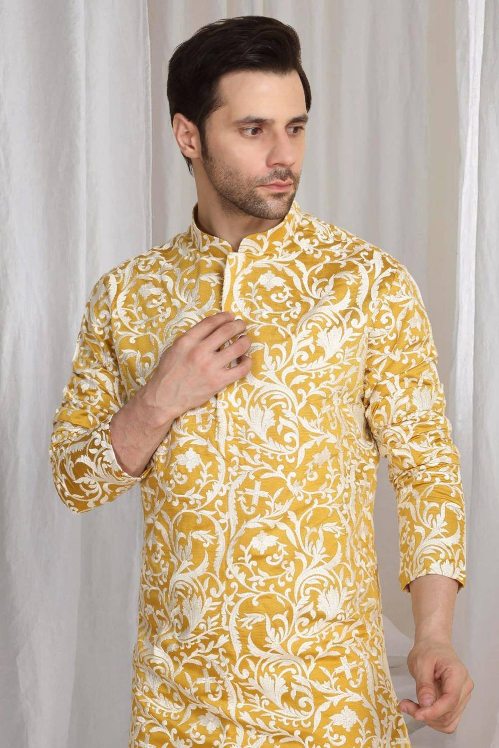 Aham Flora Thread Embroidered Kurta Set - Festive Yellow
