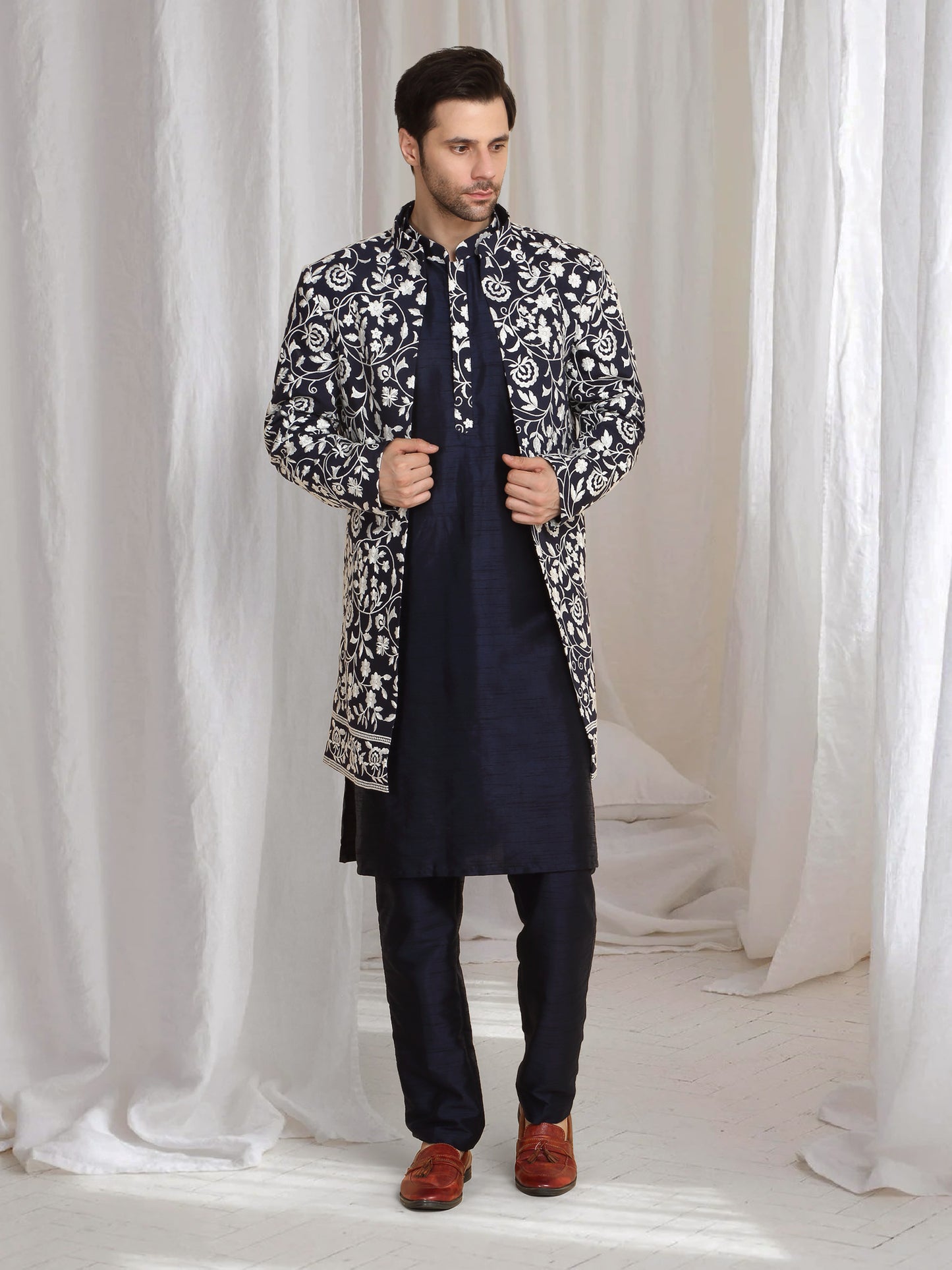 Pushp Floral Embroidered Jacket Kurta Pant Set - Navy Blue