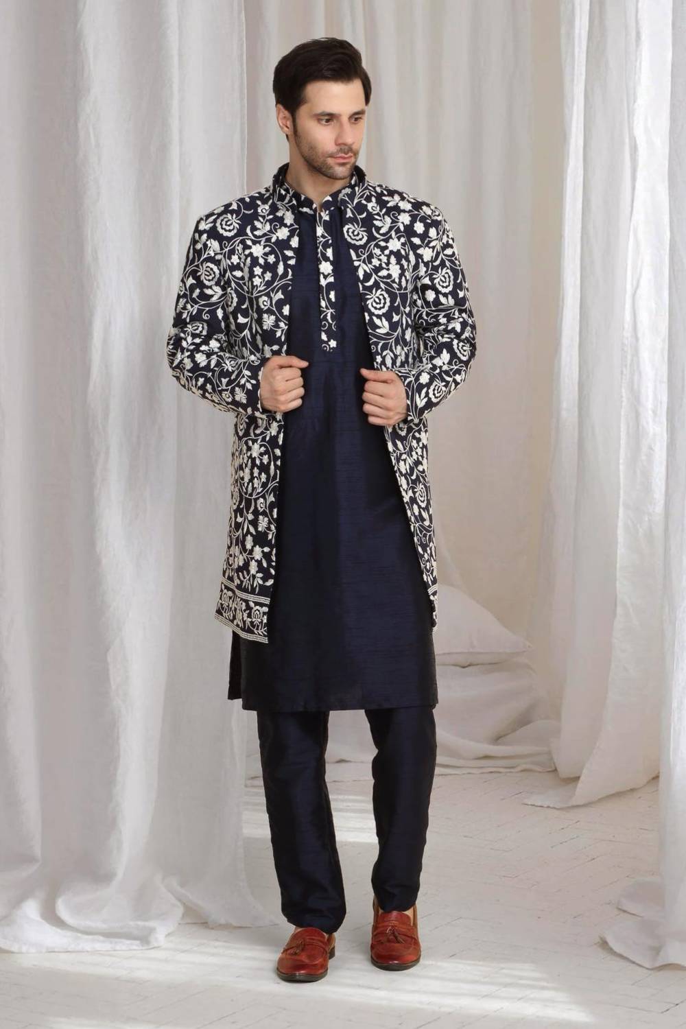 Pushp Floral Embroidered Jacket Kurta Pant Set - Navy Blue