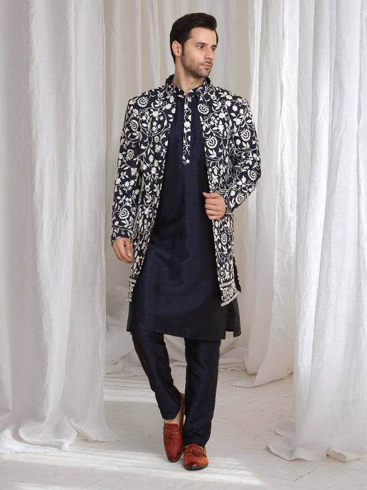 Pushp Floral Embroidered Jacket Kurta Pant Set - Navy Blue