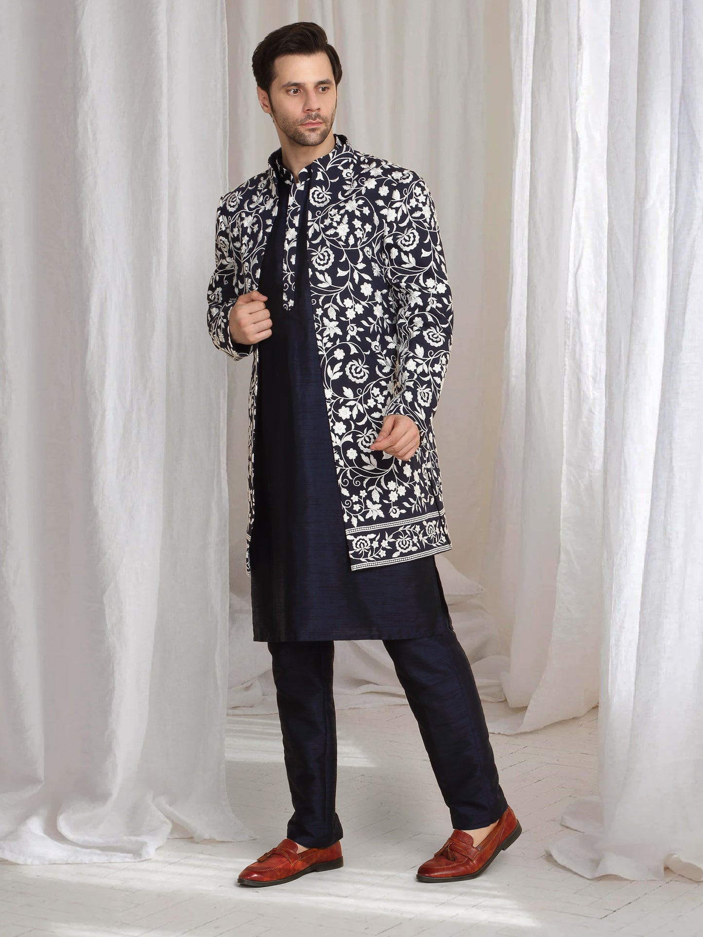 Pushp Floral Embroidered Jacket Kurta Pant Set - Navy Blue