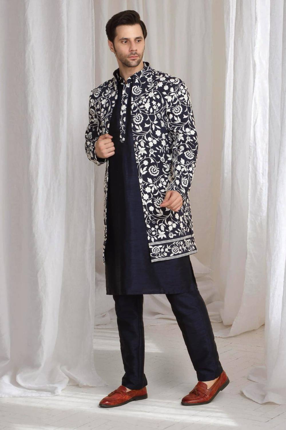 Pushp Floral Embroidered Jacket Kurta Pant Set - Navy Blue