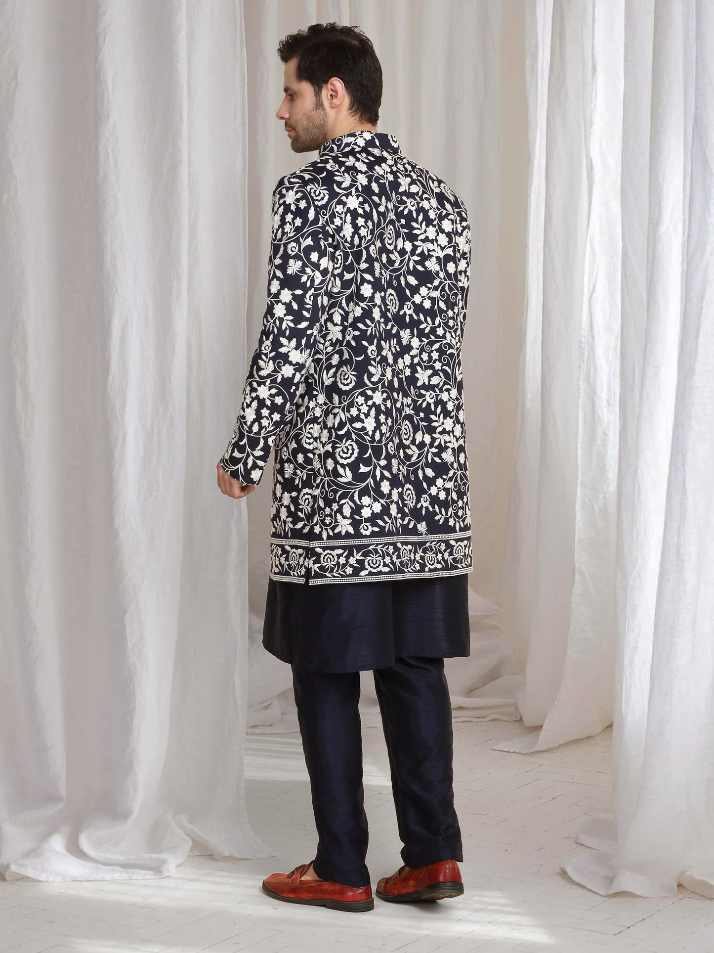 Pushp Floral Embroidered Jacket Kurta Pant Set - Navy Blue