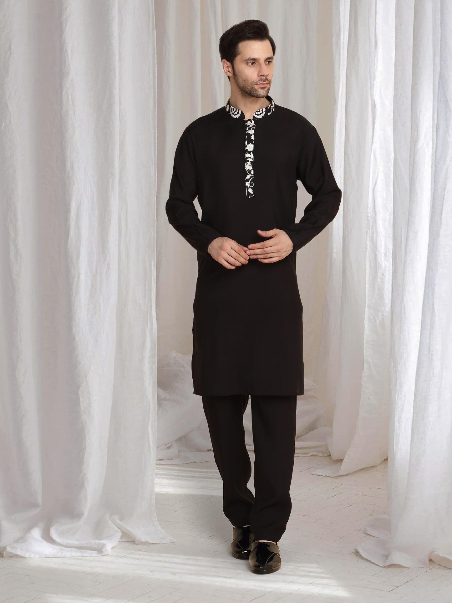 Pushp Floral Embroidered Jacket Kurta Pant Set - Black