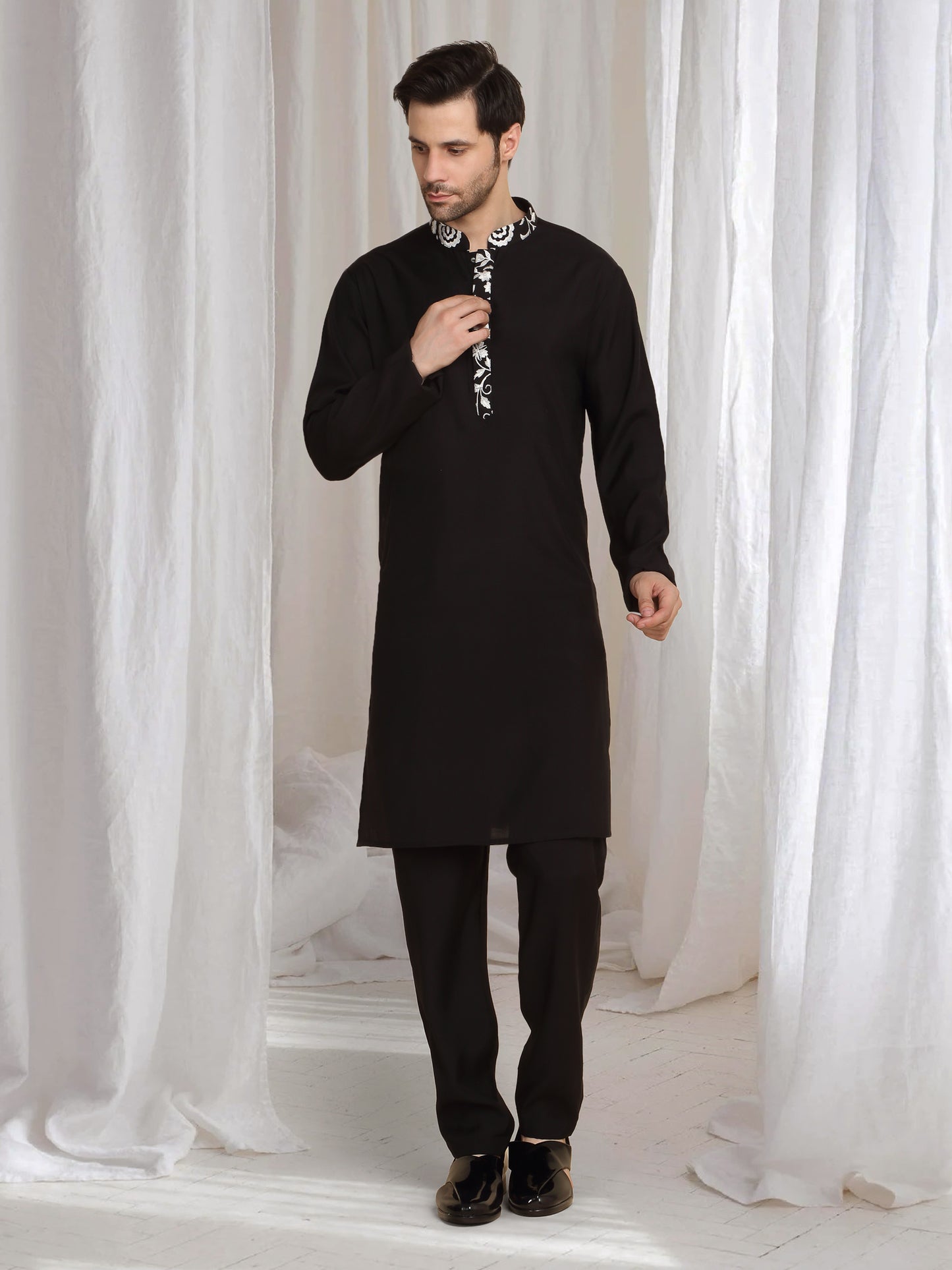 Pushp Floral Embroidered Jacket Kurta Pant Set - Black