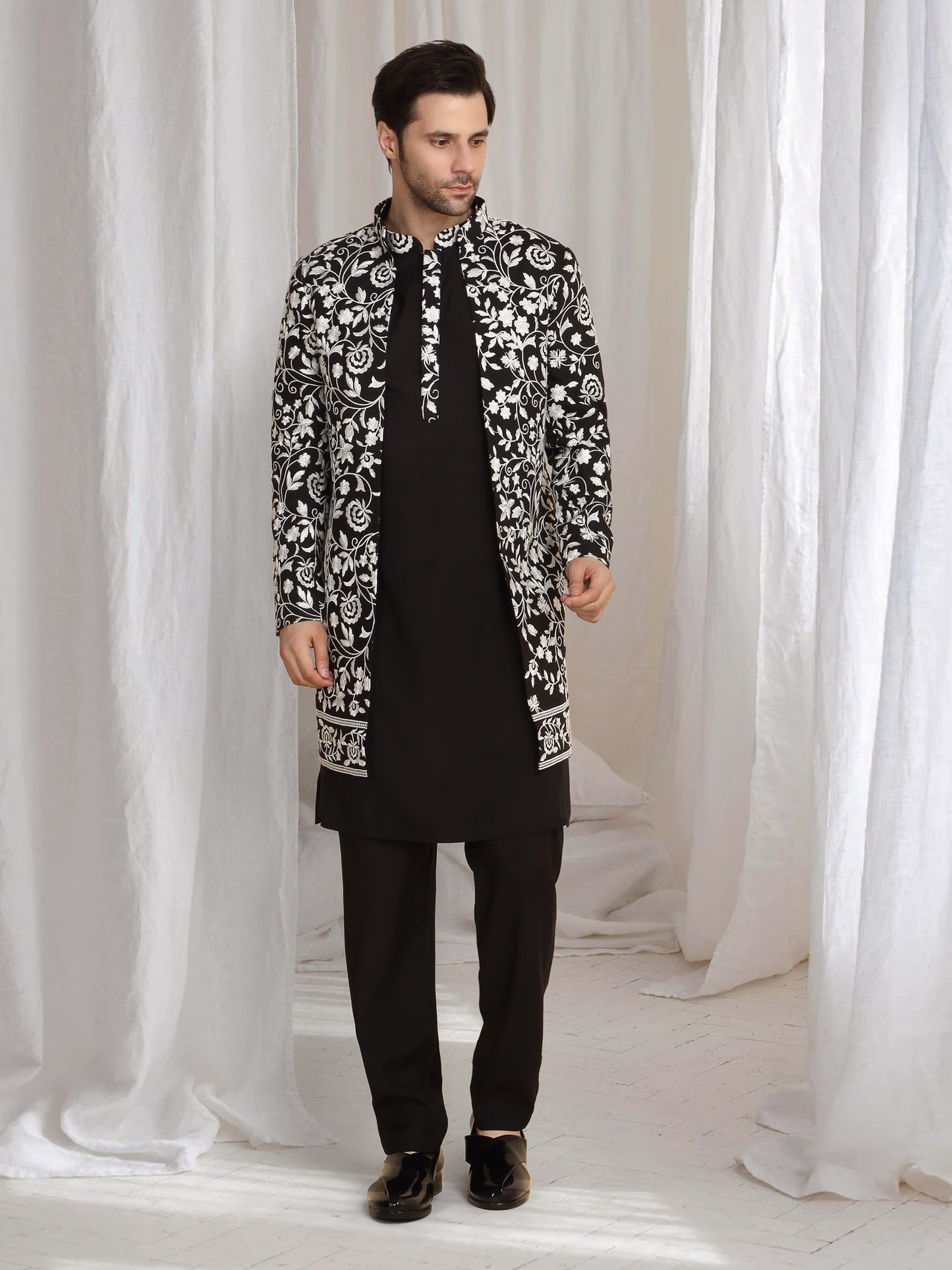 Pushp Floral Embroidered Jacket Kurta Pant Set - Black
