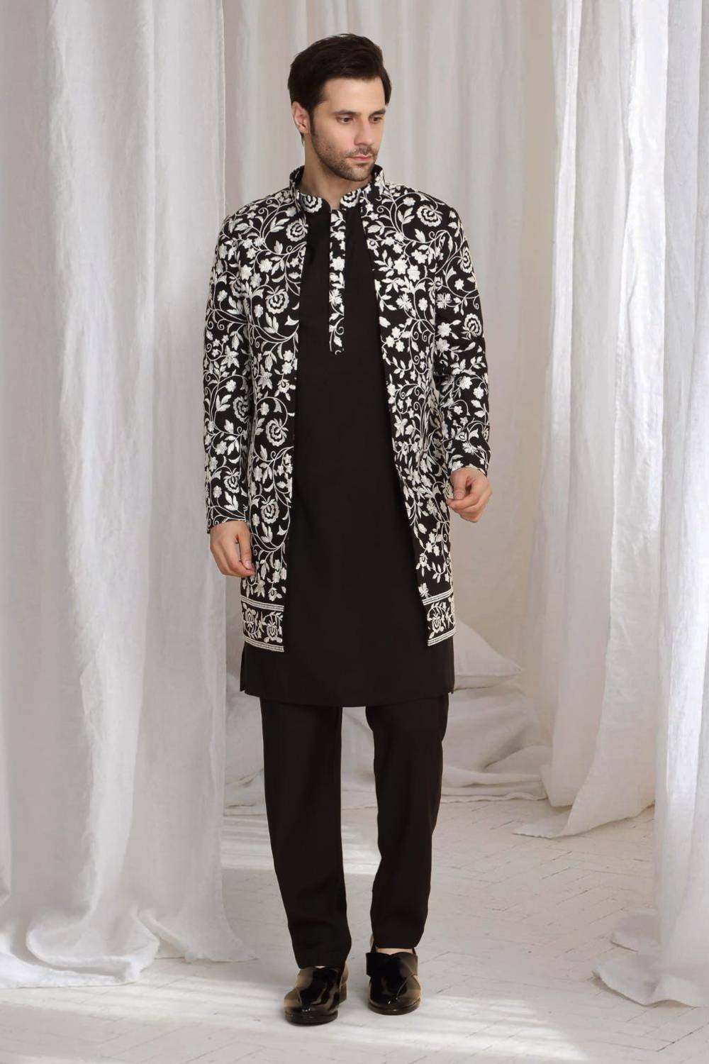 Pushp Floral Embroidered Jacket Kurta Pant Set - Black