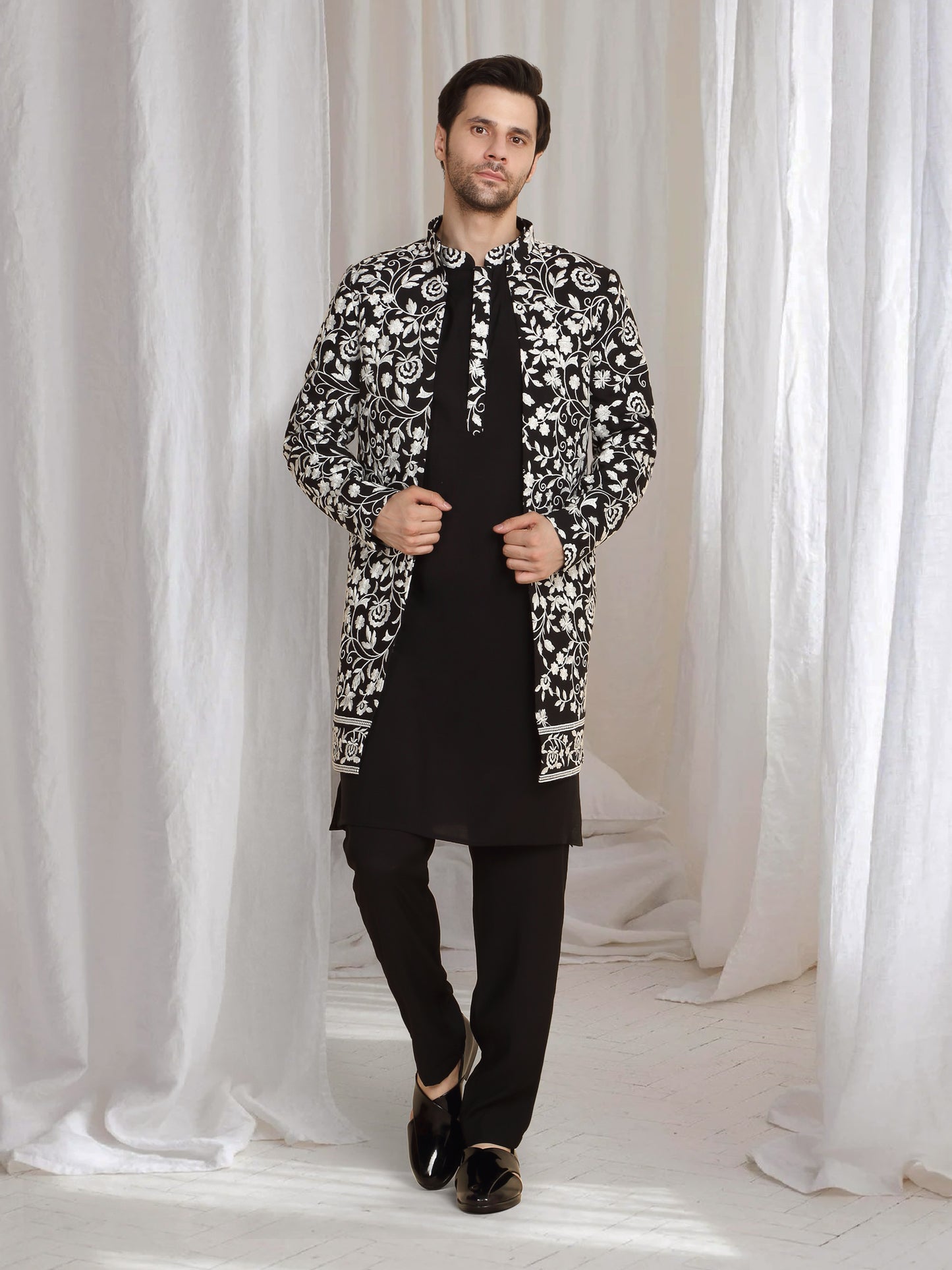 Pushp Floral Embroidered Jacket Kurta Pant Set - Black