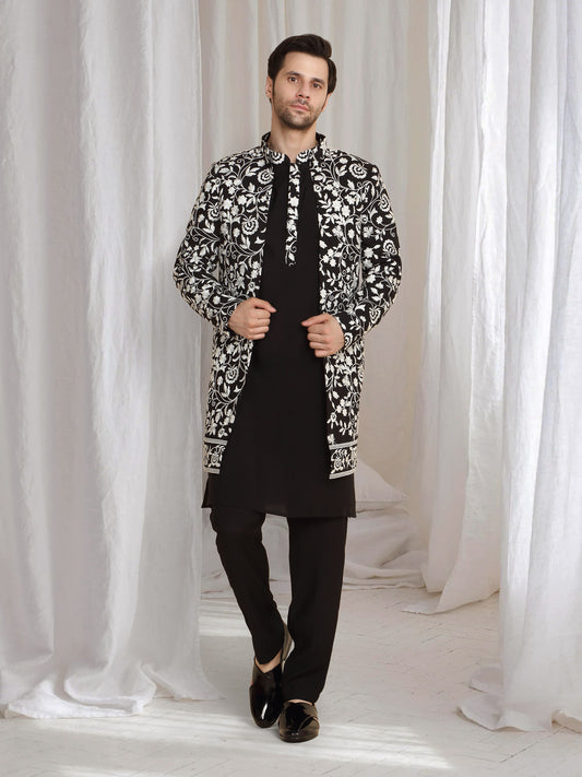 Pushp Floral Embroidered Jacket Kurta Pant Set - Black