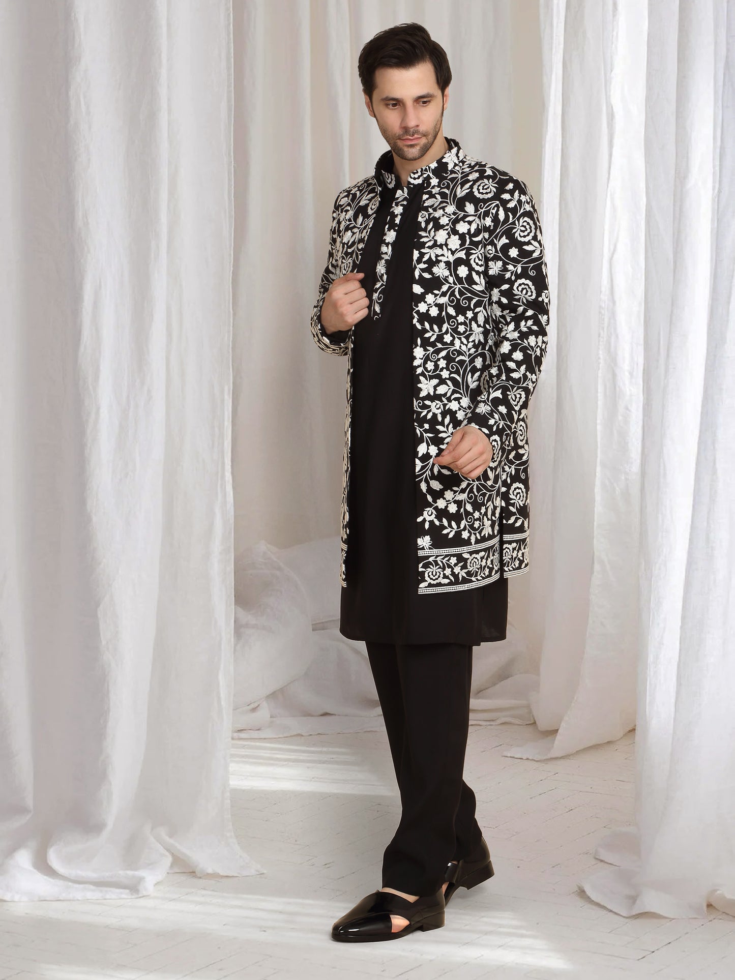 Pushp Floral Embroidered Jacket Kurta Pant Set - Black