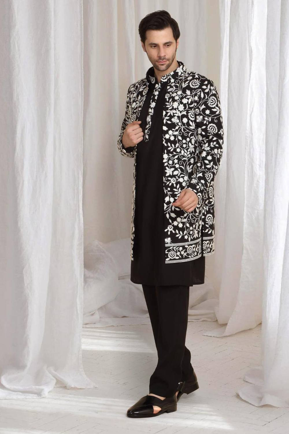 Pushp Floral Embroidered Jacket Kurta Pant Set - Black